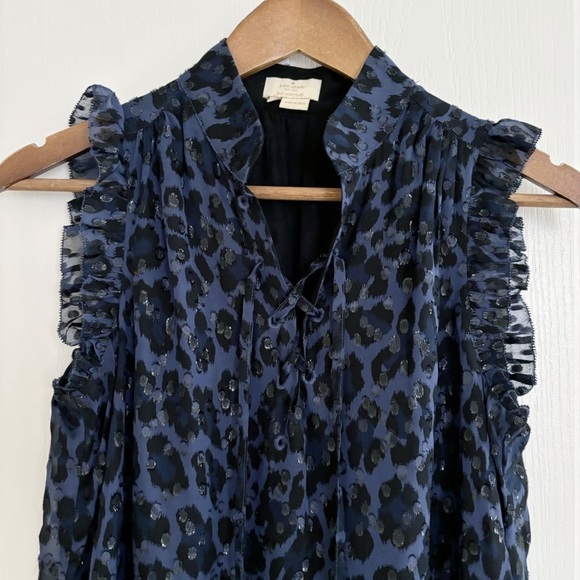Kate Spade Metallic Silk Chiffon Leopard Print Blouse Ruffle Blue - Picture 3 of 8